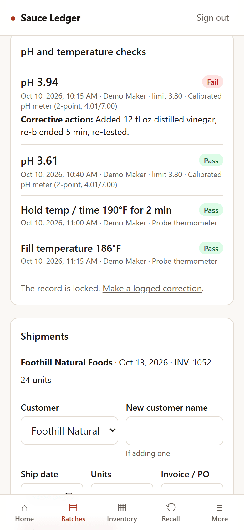 A batch record on a phone: lot code, ingredient lots used, and a pH check marked pass